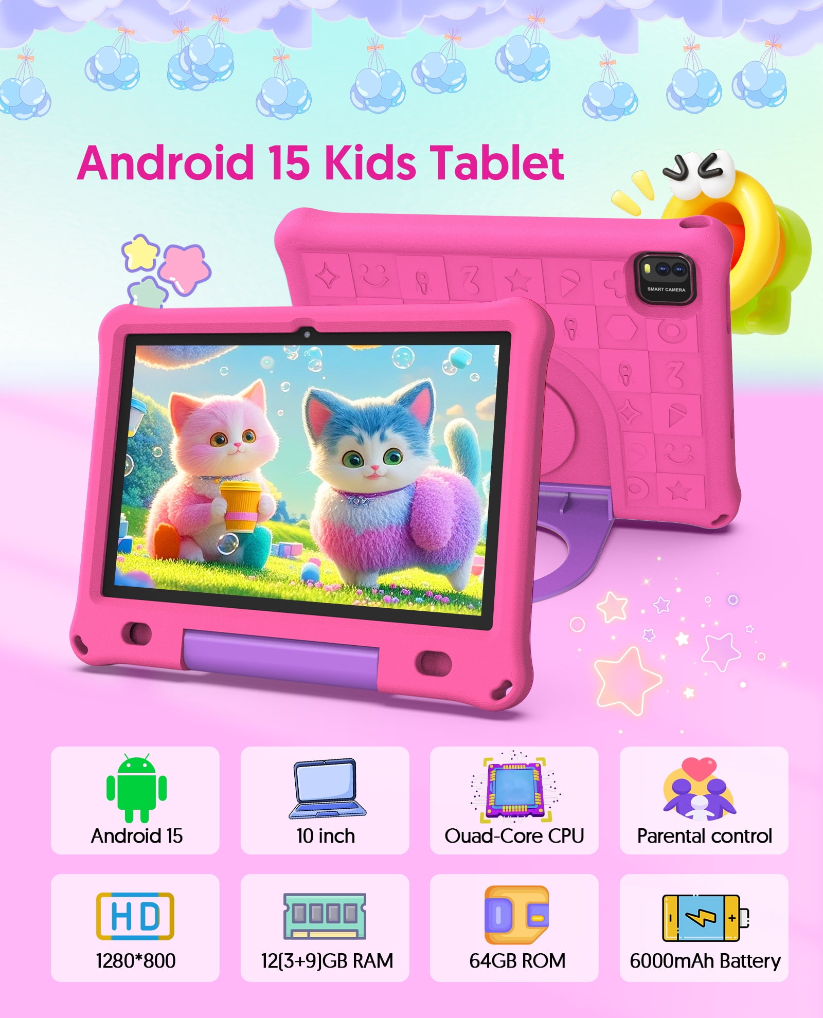 FITIFUN 10.1 inch Kids Tablet Android 15, 3GB RAM 64GB ROM 1TB Expand, Quad-Core, 5G/2.4G WiFi, 6000mAh, HD Display, Parental Control, Pink