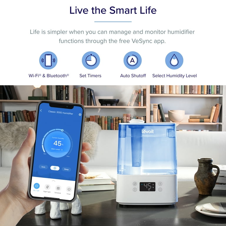 LEVOIT Smart Cool Mist Top Fill Humidifiers for Bedroom with Sensor, Auto  Humidity Setting , APP & Voice Control, Essential Oil Diffuser, Ultra Quiet