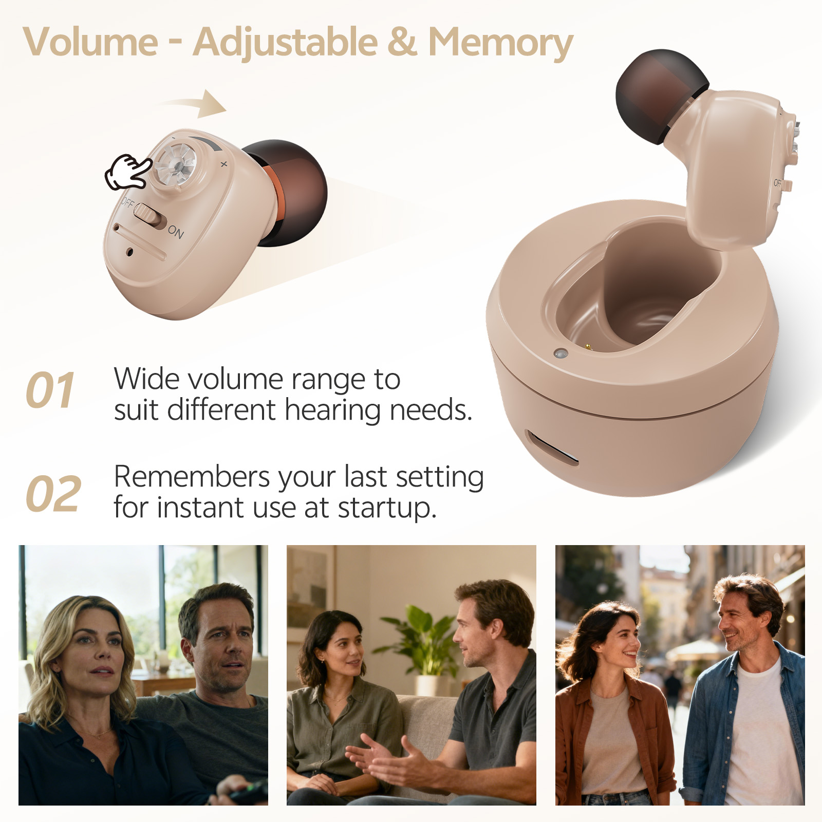 Delmicure Hearing Aids for Seniors Rechargeable with Noise Cancelling, Invisible, VHP-1607, Single, Beige