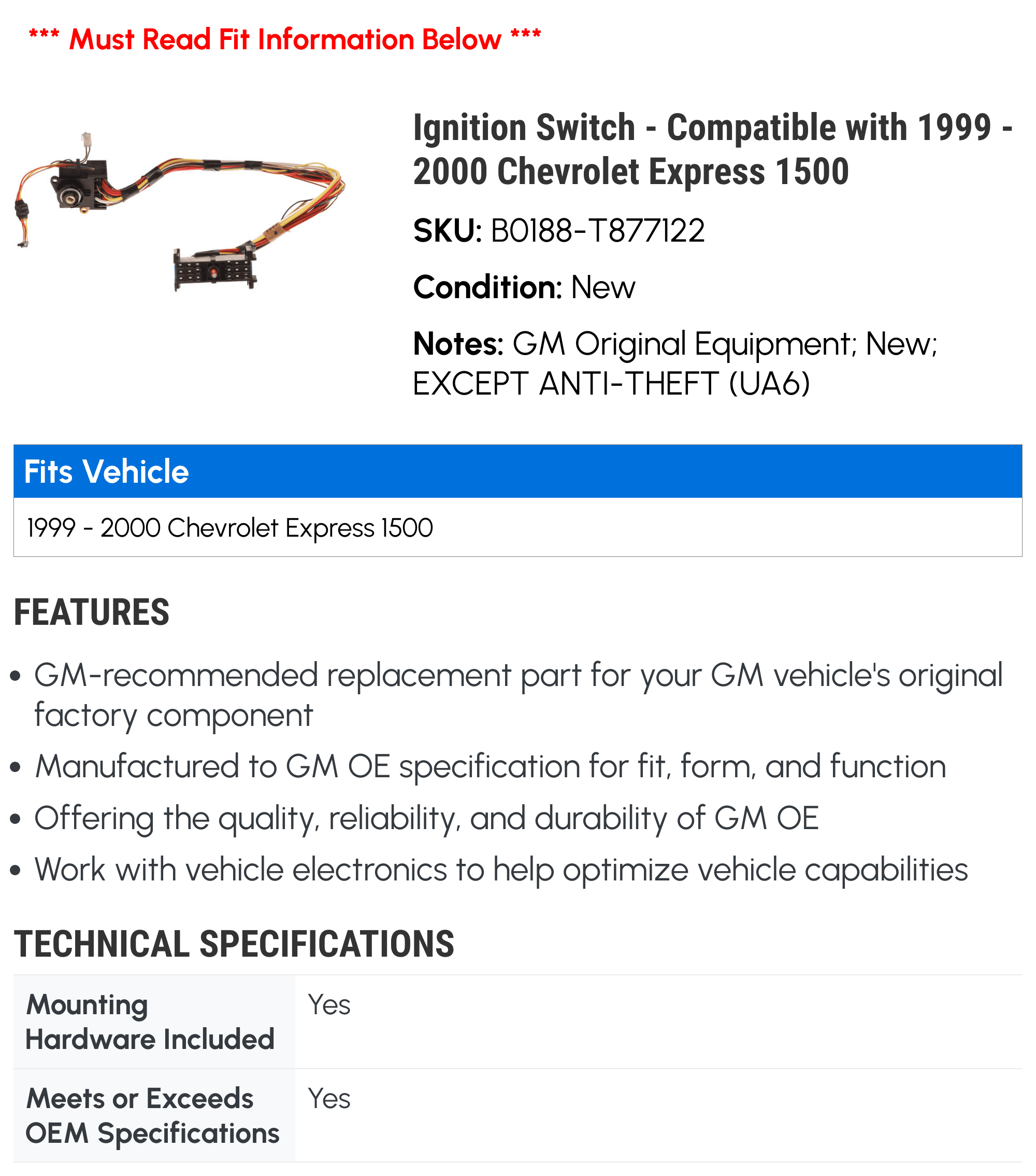 Ignition Switch - Compatible with 1999 - 2000 Chevy Express 1500