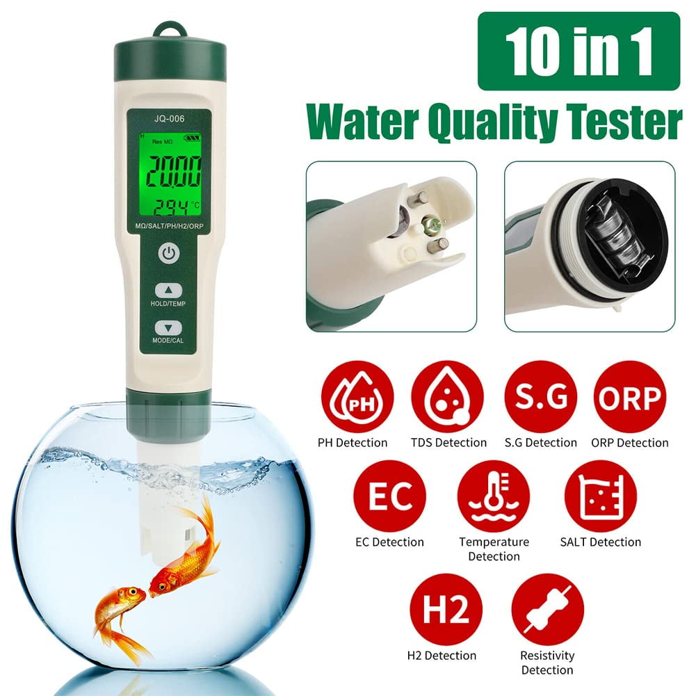 10 in 1 Digital Water Tester Meter, PH/TDS/EC/Salinity/SG/ORP/Hydrogen-rich/Resistivity/Temp/Nutrient Solution, Water Tester Pen for Drinking Water Hydroponics Plant Fish Tank, Pool Salt Tester