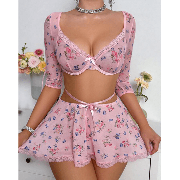Coquette Lingerie Skirt Set Floral Babydoll Pink