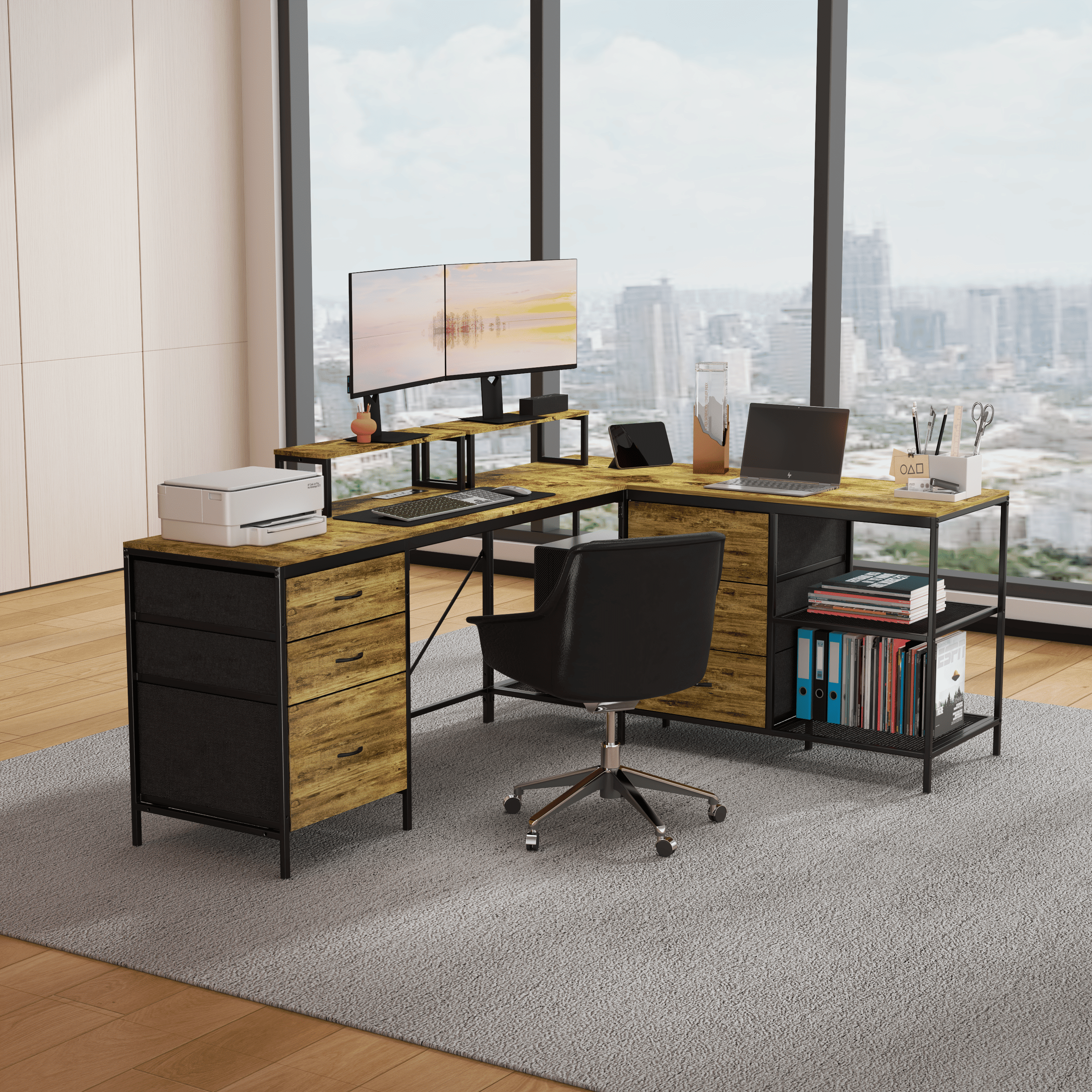 L-Shaped Desk with Power Hub, 114 in Convertible Corner Gaming Desk, 6 Drawers, 3 Shelves, Adjustable Monitor Stands, Steel Frame Home Office Table