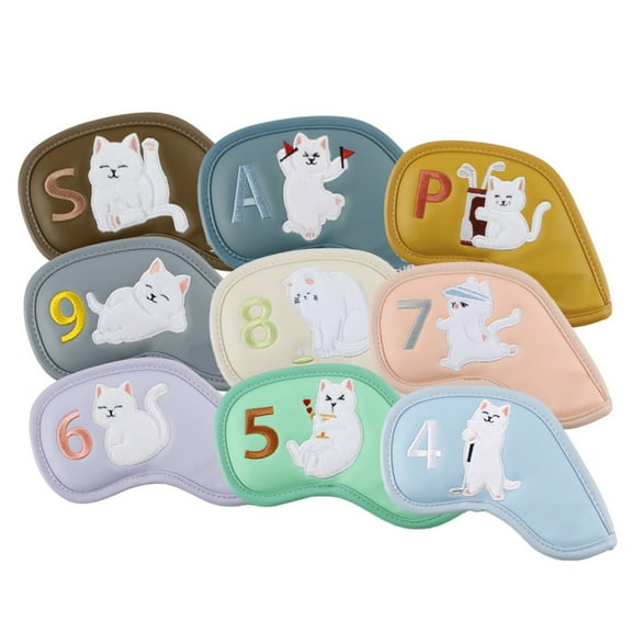 9Pcs Golf Club Covers Golf Iron Head Cover Cats Pattern Golf Rod Head Protector Headcover Scratchproof Case