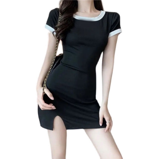 Vestido corto de manga corta para mujer, cuello redondo dividido, ajustado, ajustado, elegante, camiseta de verano, pantalones cortos, vestido negro L