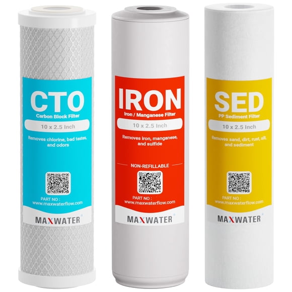 (3 Pack) Max Water Whole House Water Filter Replacement Set Polypropylene Sediment, Iron Manganese, CTO Carbon Water Filters for Standard Wh