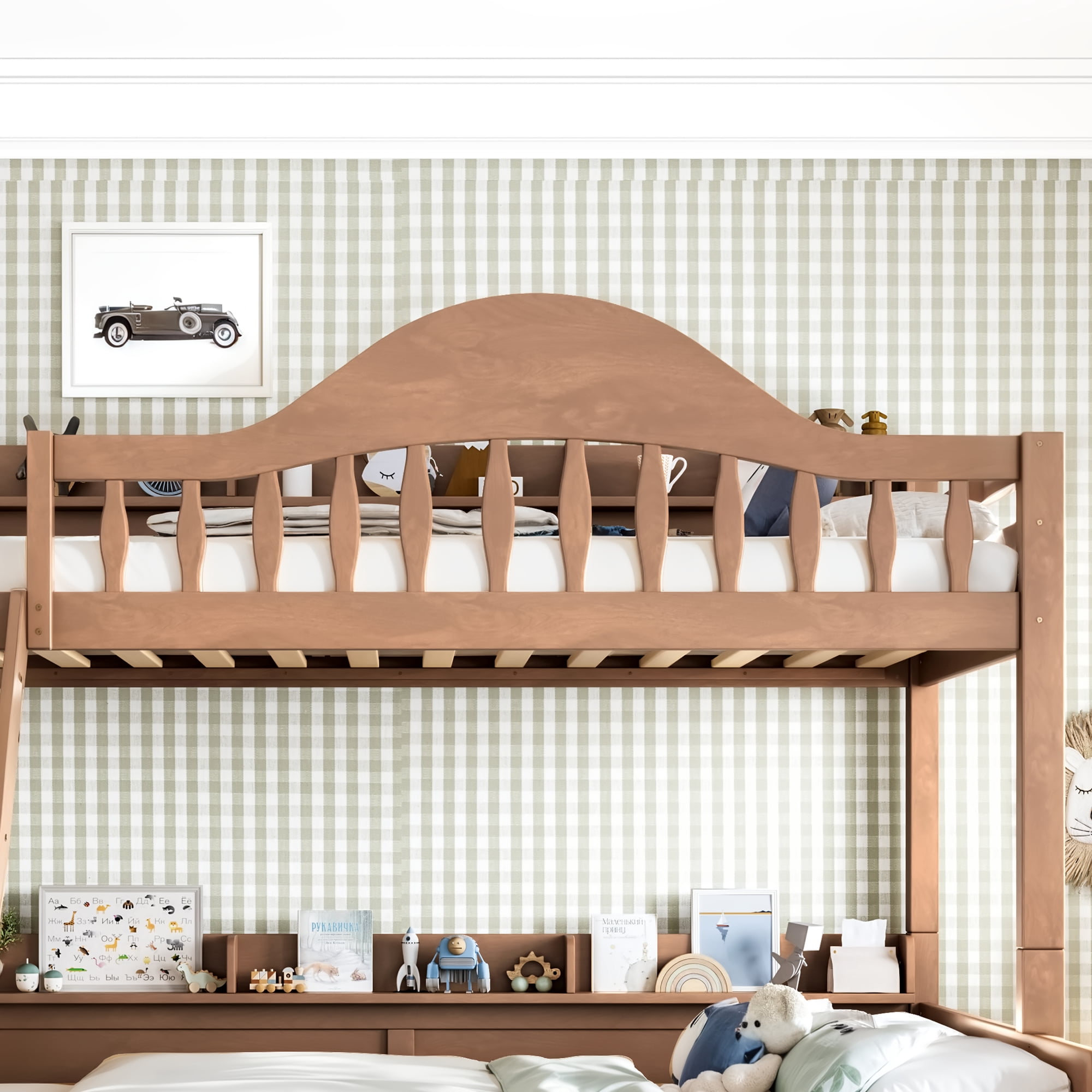 Leumius Twin over Full Bunk Bed with Storage Drawers, Chic Curved Guardrail & Side Storage Shelves, Bunk Bed Frame with Ladder Deep Natural