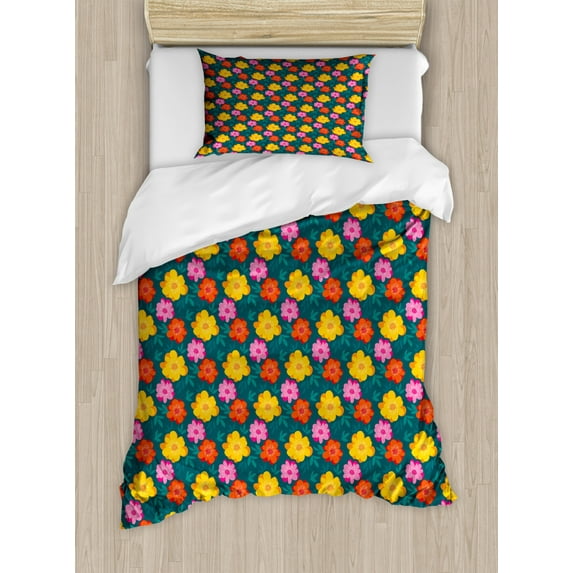 Colorful Duvet Cover Set Twin Size, Abstract Hand Drawn Flowers Pattern Repeating Petals on Teal Tone Background, Decorative 2 Piece Bedding Set with 1 Pillow Sham, Multicolor, by Ambesonne