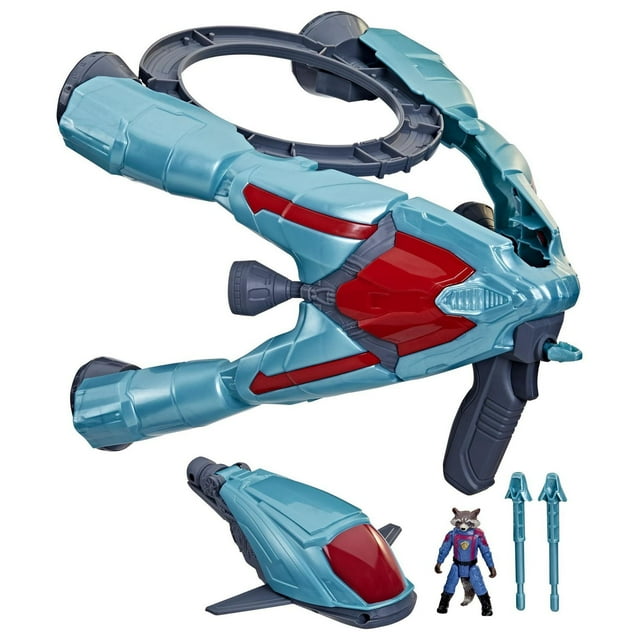 Marvel Guardians of the Galaxy Vol. 3 Galactic Spaceship toy set with a blue and red 2-in-1 spaceship, removable space pod, 2.25-inch Rocket action figure, and two blue projectile accessories for imaginative space play.