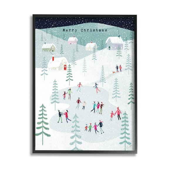 Stupell Industries Merry Christmas Winter Ice Skating Holiday Painting Black Framed Art Print Wall Art