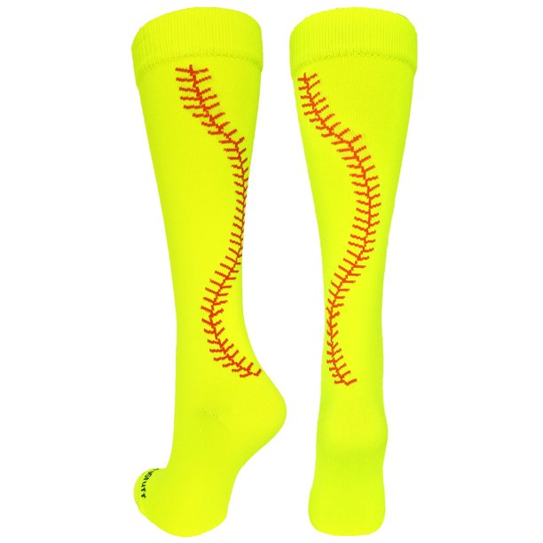 Softball Socks with Stitches Over the Calf (Neon Yellow/Red, Medium