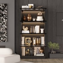 WIAWG 63" Tall Black Steel Frame 4-Door Glass Display Cabinet - Freestanding Storage Bookcase with 4 Adjustable Shelves, Ideal for Living Room & Kitchen