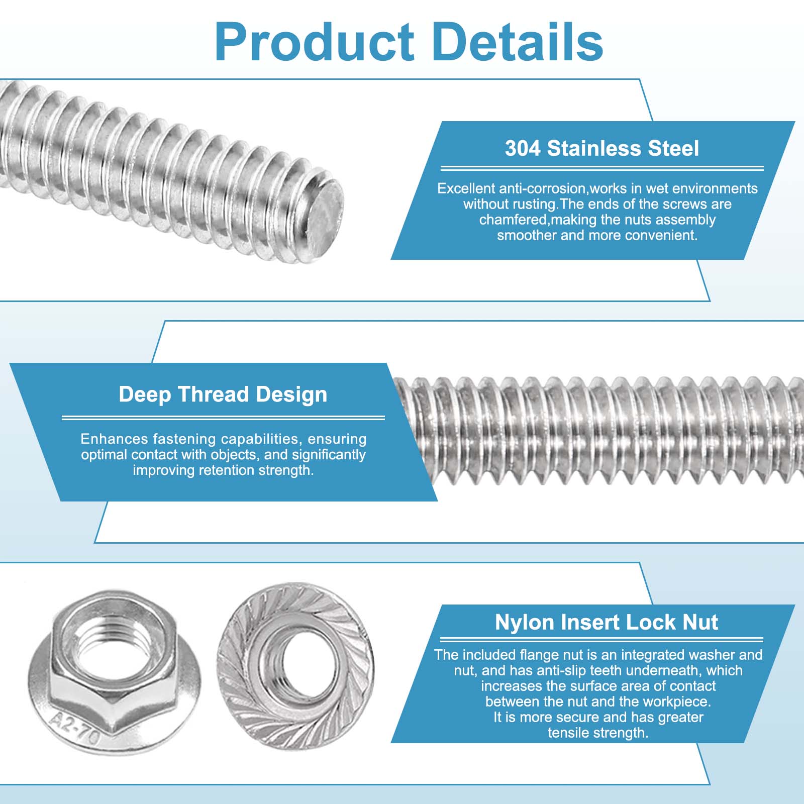 Uxcell 6 Set M6 x 1mm Fully Threaded Rods 10 Inch, 304 Stainless Steel All Threaded Rod Metric Right Hand Threads with 12Pcs Flange Hexagon Nut for Clamps Hangers U-Bolt