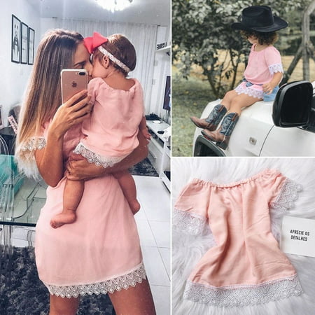 Fashion Mother & Daughter Matching Dress Women Baby Girls Lace Dress Family Clothes