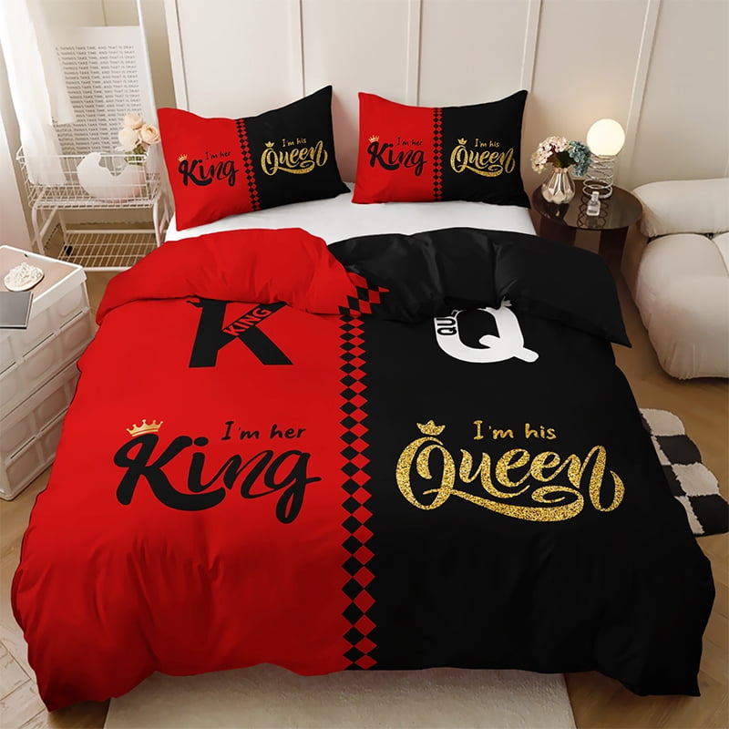 3PCS Duvet cover Set The soft (1 Duvet cover + 2 Pillowcases without Pillow covers), Features high-definition digital printing of crown and letter patterns in a stylish black and gray color scheme.