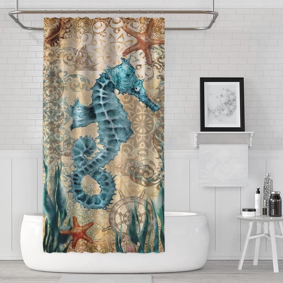 Hippocampus Shower Curtain Funny Blue Ocean Creature Shower Curtains Sets with 6 Hooks, Polyester Fabric Waterproof Curtains for Bathroom Beach Theme Decor 36"*72"