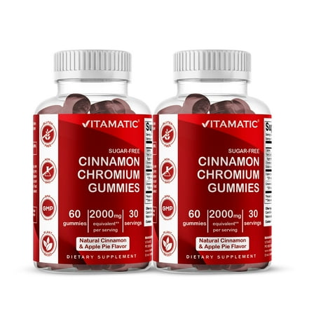 2 Pack - Vitamatic Sugar Free Chromium Gummies with Ceylon Cinnamon - 2000 mg per Serving - Non-GMO - Gluten Free - 60 Vegan Gummies
