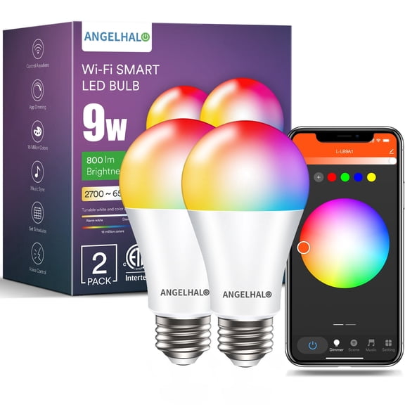 ANGELHALO Smart Light Bulbs, Color Changing, 9W, 2 pack, Alexa Compatible, RGB WiFi Bluetooth, E26 Base, Dimmable, Indoor Use