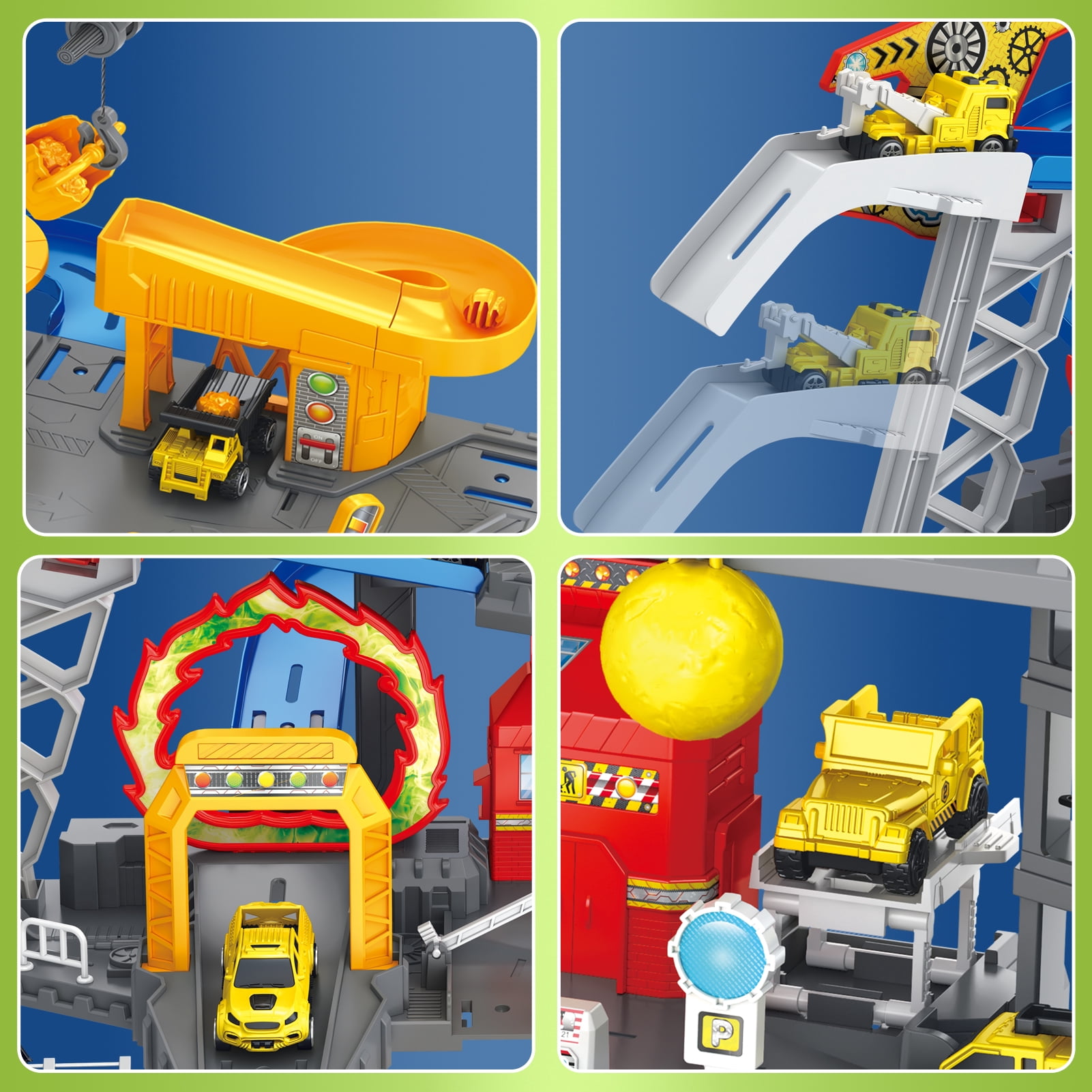 Frontoytall Construction Vehicles Track Set with Excavator, Dump Truck, Cement Truck, Wheel Loader & Rotating Crane, Interactive STEM Building Toy for Kids Ages 3-12