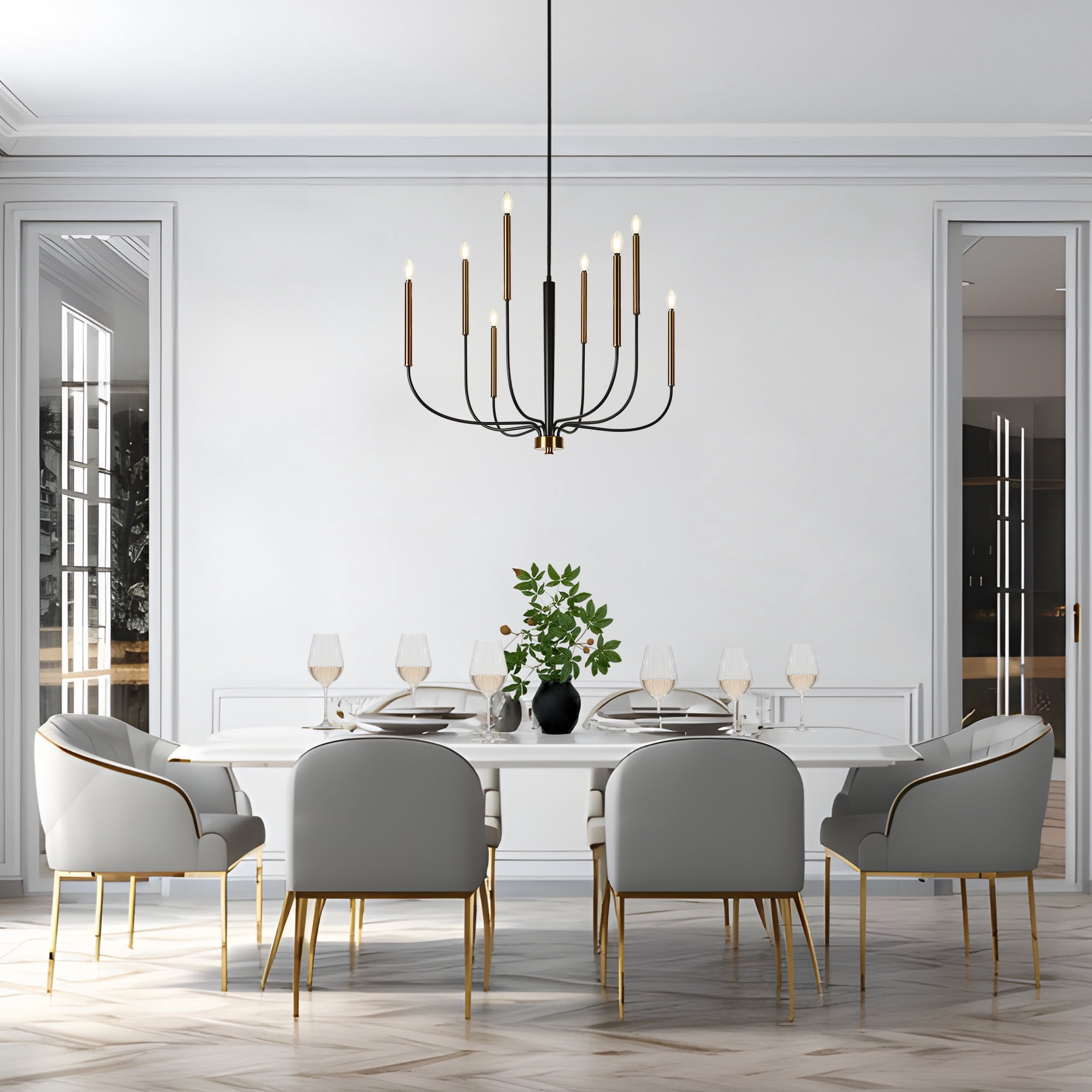 LNC Modern 8-Light Black and Gold Chandelier, Oversized Adjustable Ceiling Light for Dining Room