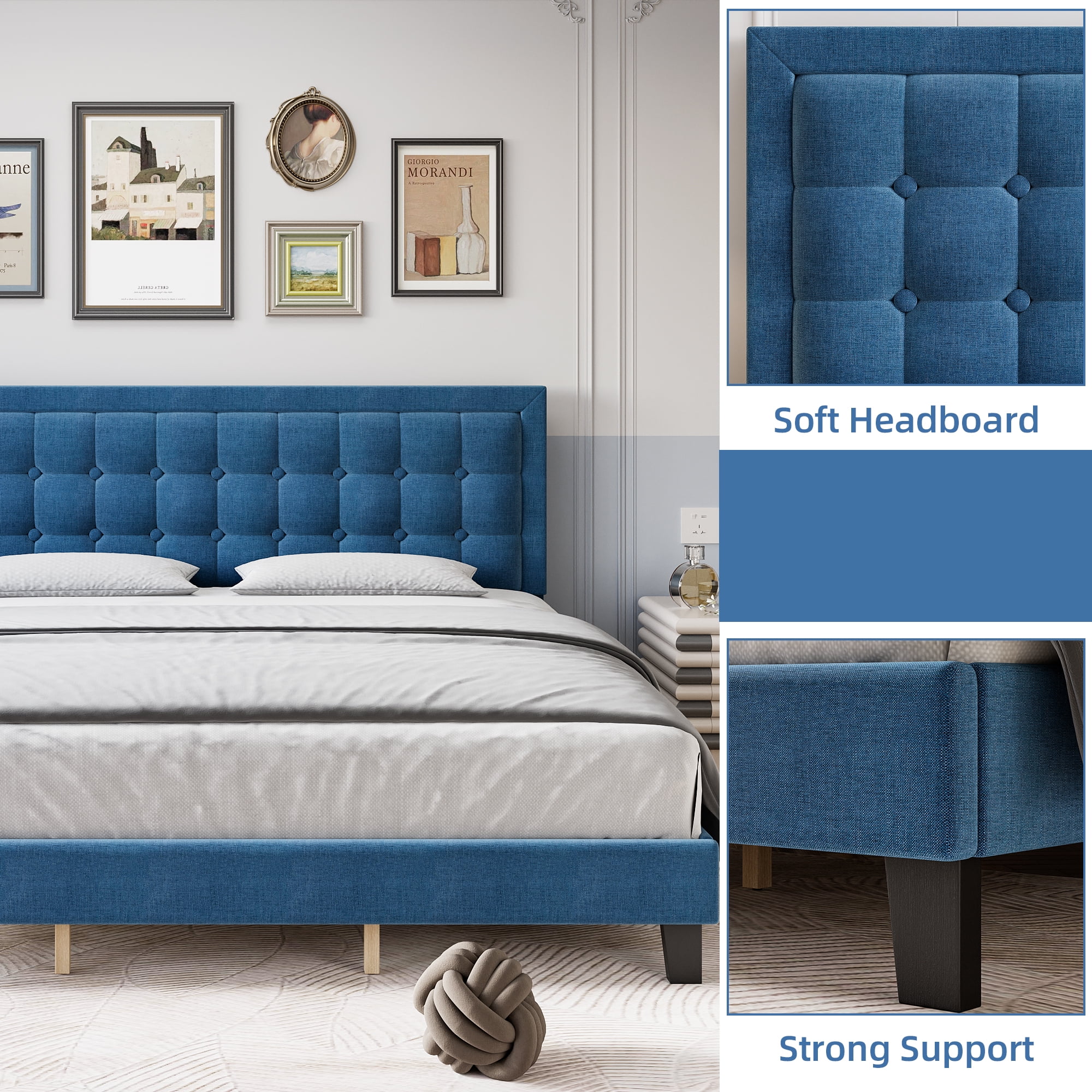 Full/Queen/King Size Bed Frame with Upholstered Button Headboard, Modern Upholstered Platform Bed with Heavy Duty Base and Wood Slat Support, No Box Spring Required, No Noise, Easy Assemble