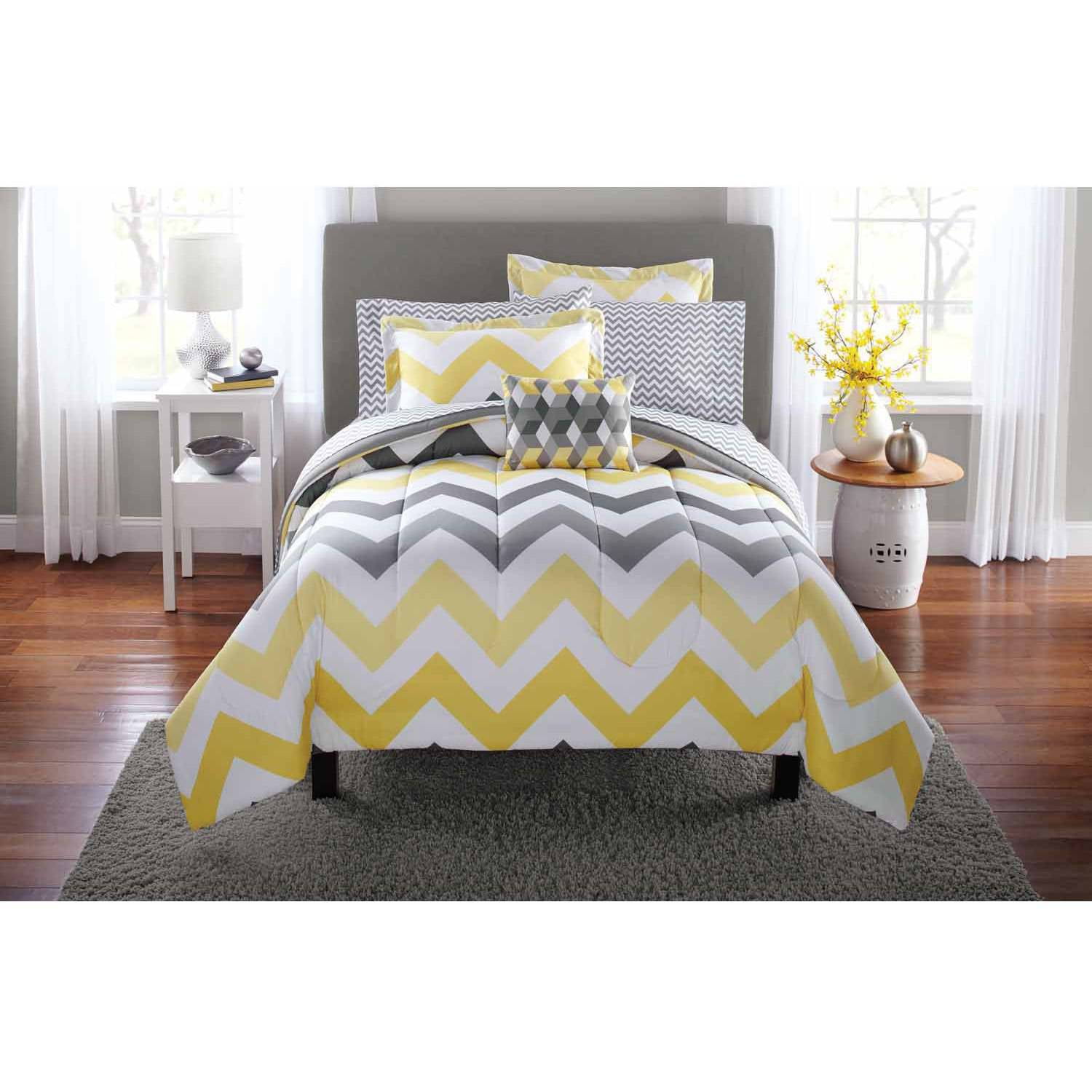Mainstays yellow grey chevron bed in a bag bedding comforter set ...