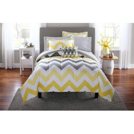 Mainstays Yellow Grey Chevron Bed in a Bag 6-Piece Bedding Comforter Set,