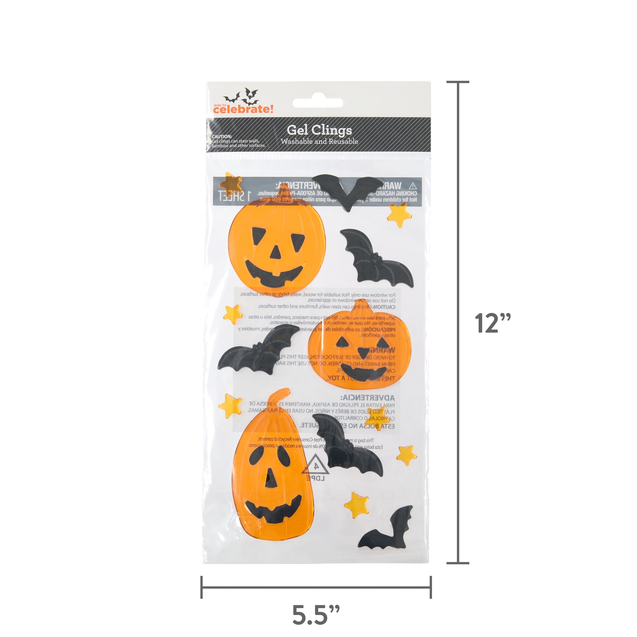 Jack-o'-Lanterns and Bats Gel Clings, Orange and Black, 5.5" x 12.1", Halloween by Way To Celebrate