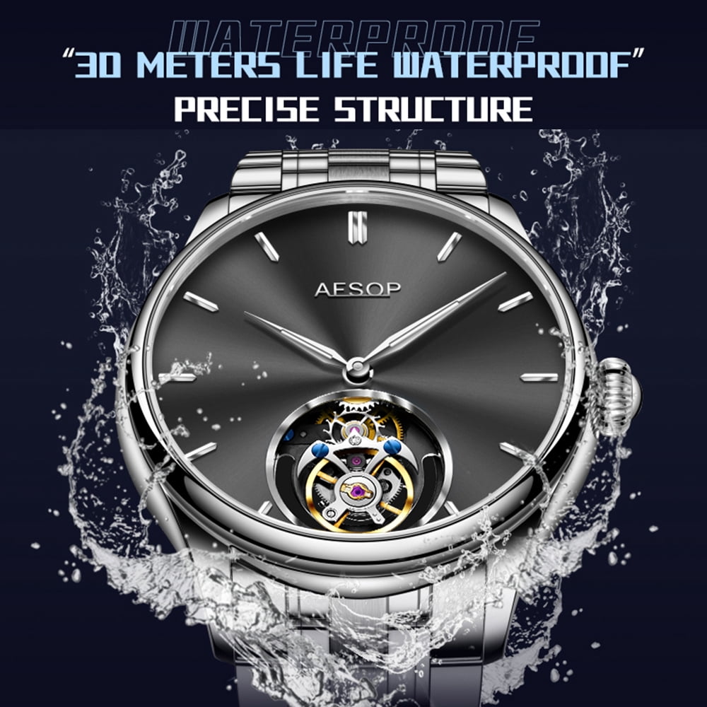 2025 AESOP 100% Tourbillon Mechanical Watch For Men Silver Steel Belt BUSINESS Fashion Mens Watches Manual Mechanical Waterproof