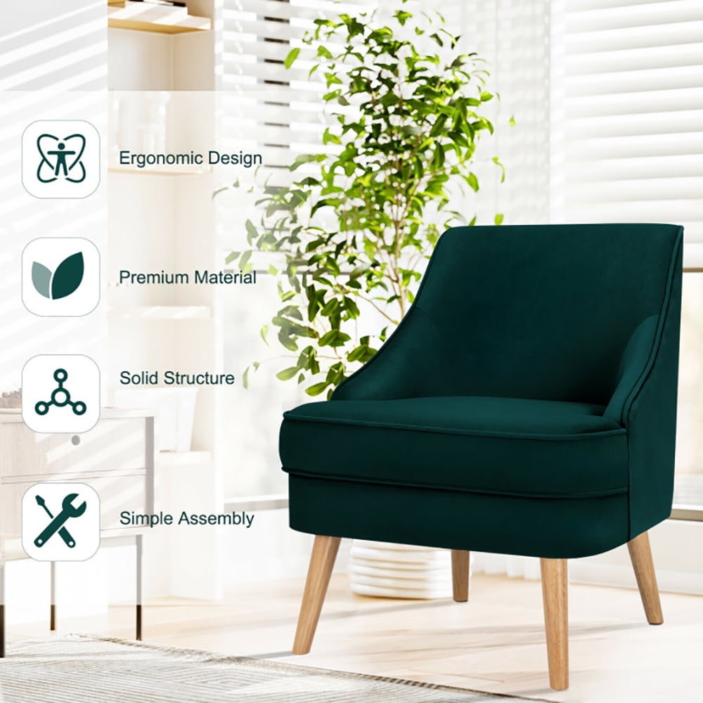 Finihen Velvet Accent Chair, Mid Century Velvet Accent Chair with Rubber Wood Legs, Thickly Padded, for Living Room, Bedroom, Green