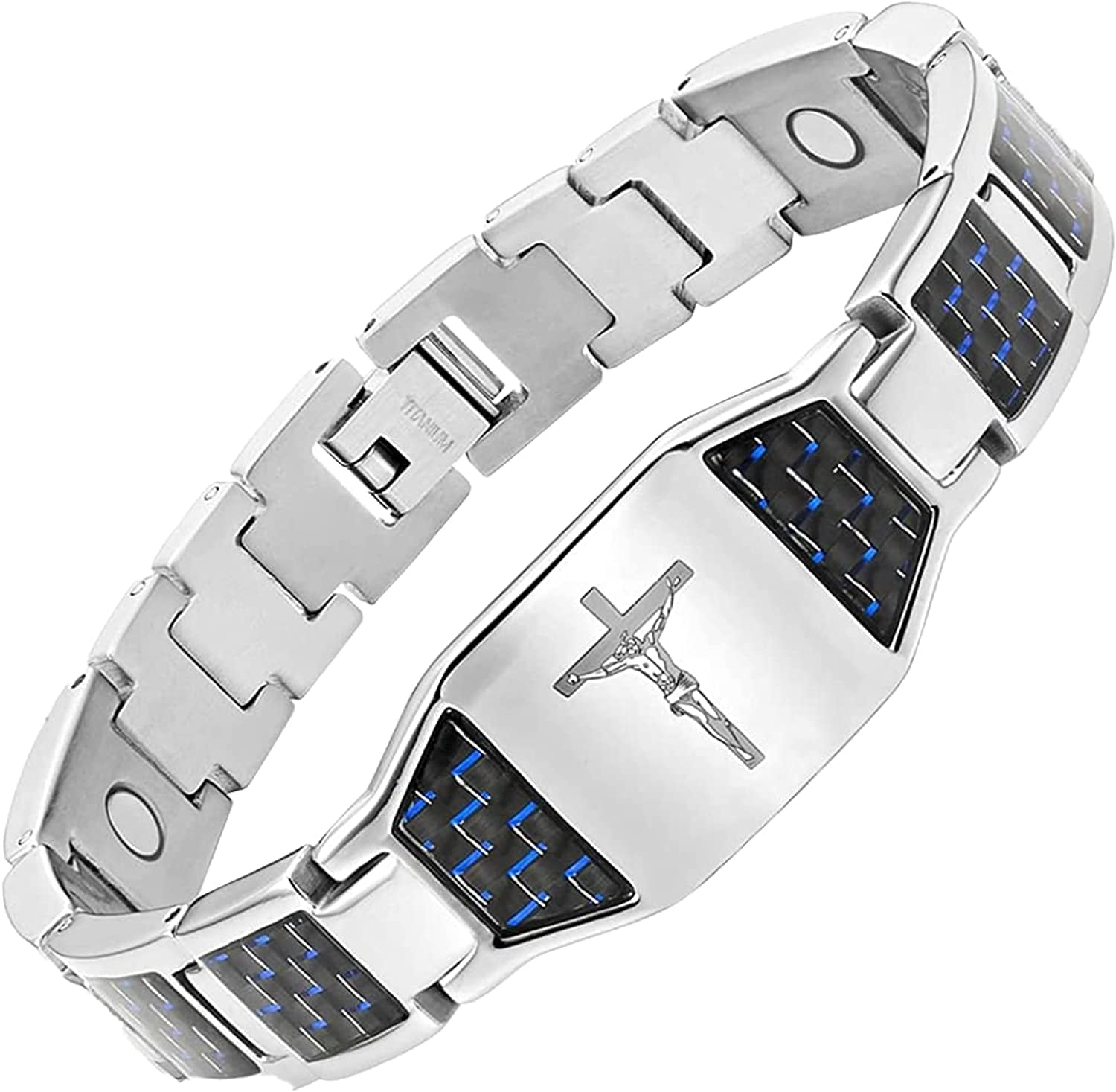 Magnetic Bracelet for Men , Christian Cross Jesus Carbon Fiber Stainless Steel Bracelet, Religious Health Jewelry Gifts (Black)