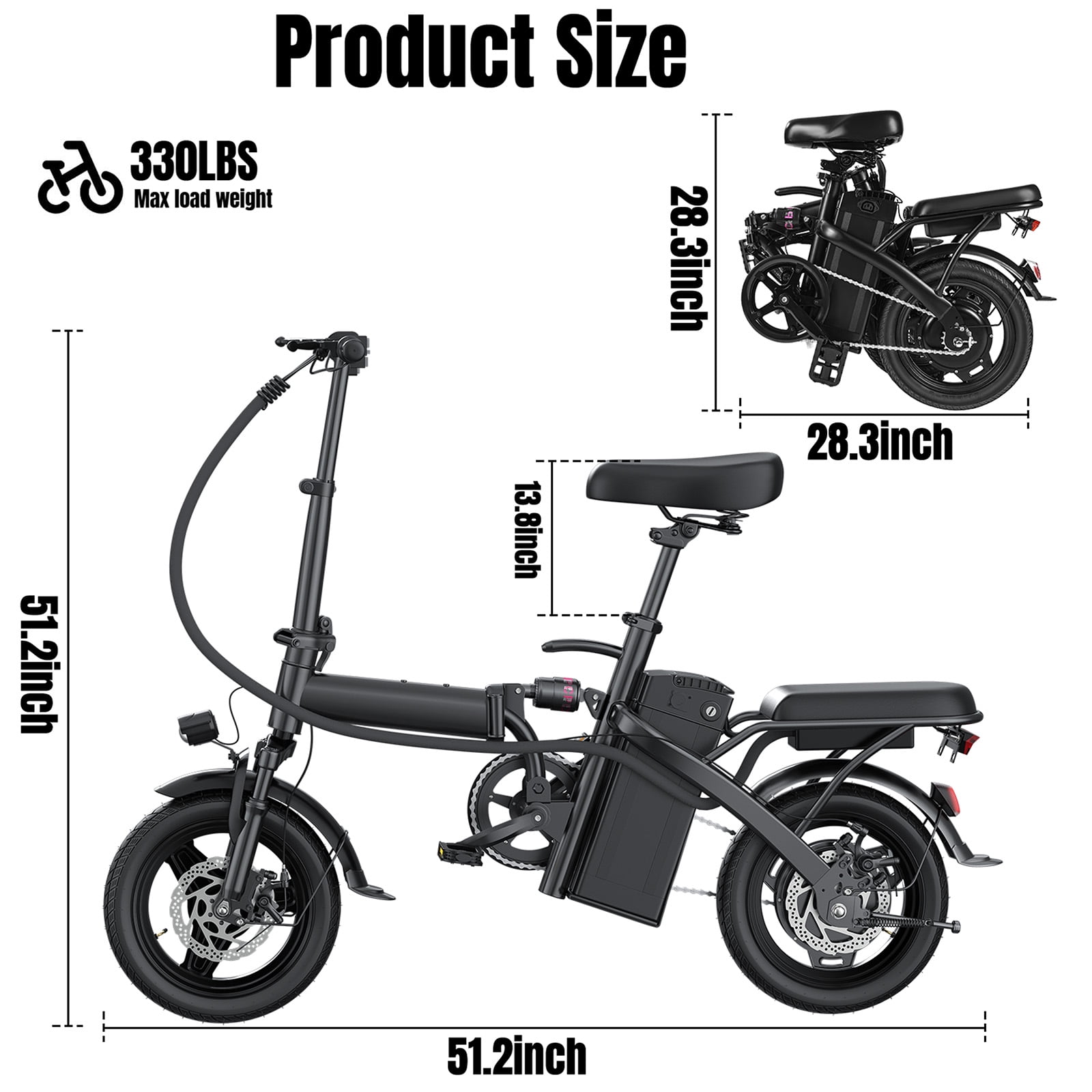 14 Inch Folding Electric Bicycle, 560W Adult Electric Bicycle, 48V 10.4Ah, Maximum Range of 32 Miles, Dual Disc Brake Safety System, 3-Speed Riding, Front Fork with Shock Absorption, Black