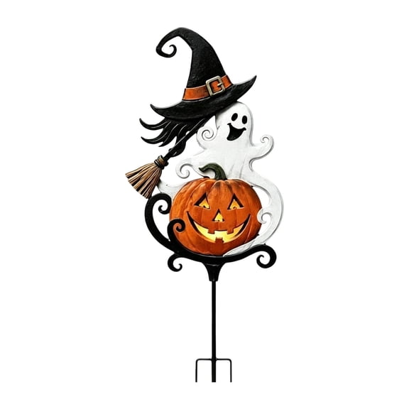 Lighted Outdoor Metal Ground Stake Ornament with Witch Hat Patio Yard Halloween Decoration