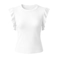 thumbnail image 4 of Womens Ruffle Short Sleeve Shirts Slim Fit High Neck Knit Ribbed Tops Casual Trendy T Shirts Blouses(White,L), 4 of 4