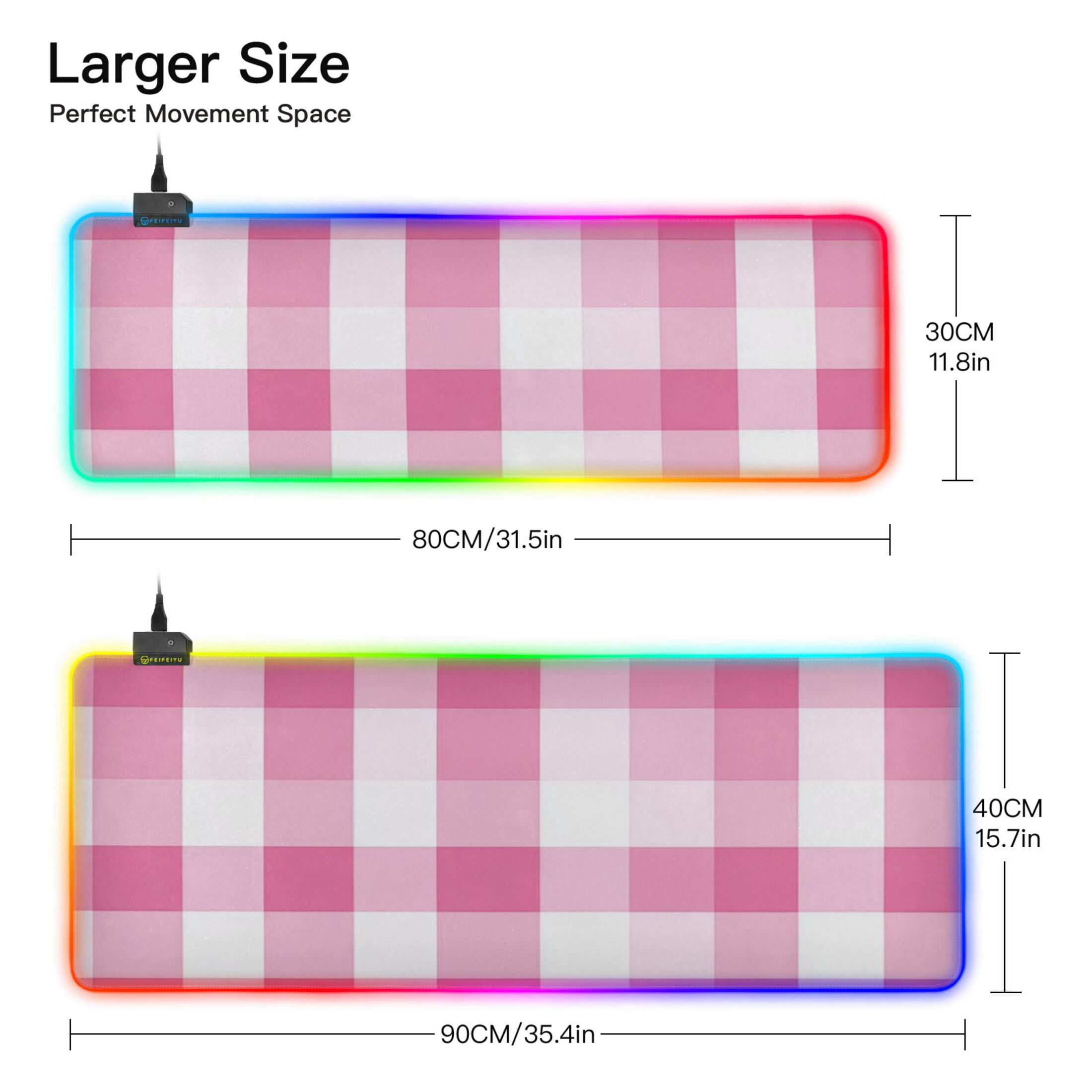Pink and White Plaid RGB Gaming Mouse Pad Large Keyboard Mat Rubber Base 13 Light Modes