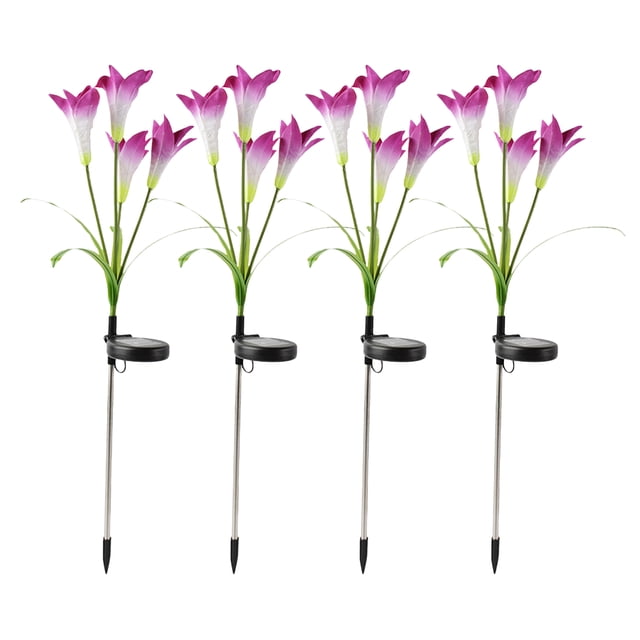 Labymos 4PCS Solar Flowers Lights Outdoor 4 Lily Flowers Decorative Stakes Lights RGB Color LED