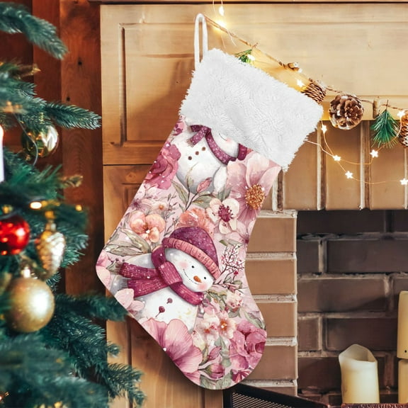 RMDQTR Christmas Stockings for Xmas Gifts - Large Size Festive Holiday Decor for Family Pink Watercolor Snowmen and Flowers