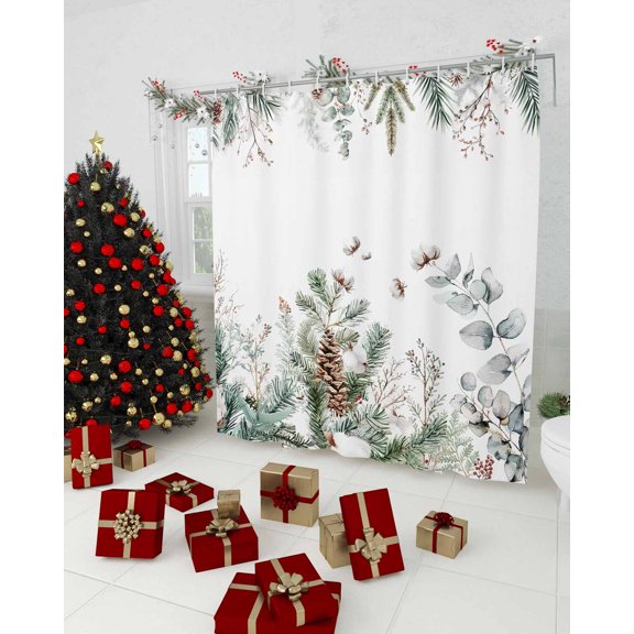 Christmas Botanical Shower Curtain, Pinecone Eucalyptus Leaves Xmas Waterproof Washable Boho Funny Cute Shower Curtains Set for Bathroom Farmhouse Bathtubs Decor with Hook, 36"Wx72"L