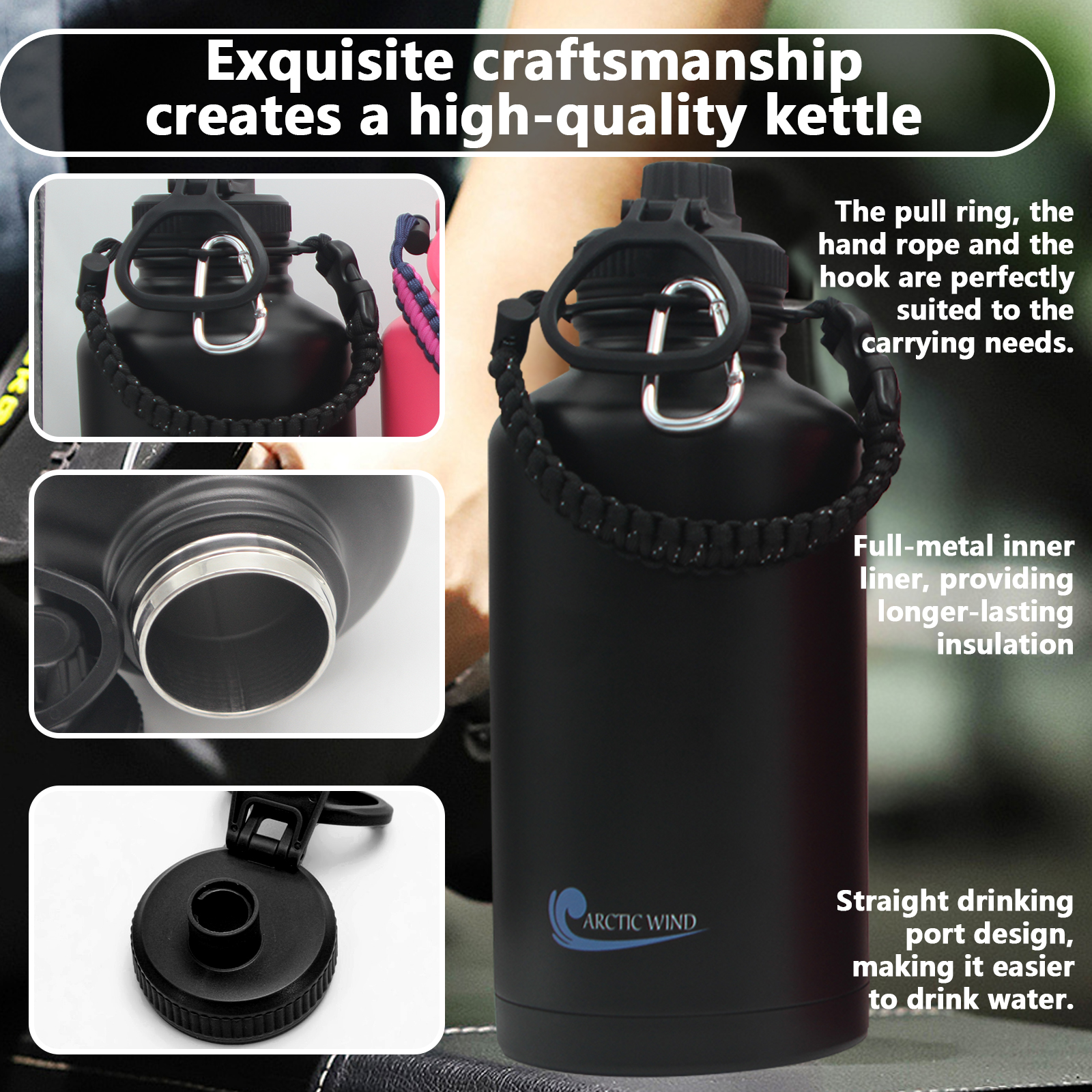 Arcticwind 64 oz Insulated Water Bottle, 304 Stainless Steel Leak Proof & BPA-Free, Half Gallon Water Bottle, Paracord Handle, 64oz Water Bottle Triple Wall Thermal Sweat-Proof Gallon Water Jug