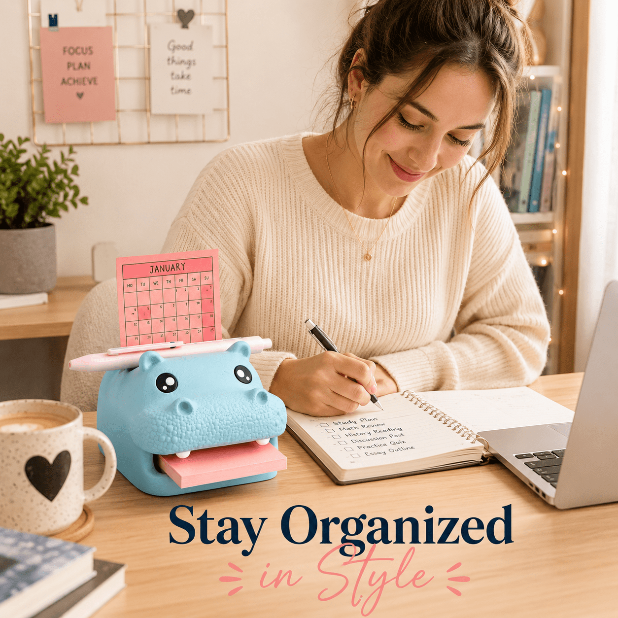 Highland Cow Note Holder, Sticky Note Holder and Dispenser with Stencil Set, Cute Desk Hippo-Campus Organizer with Pen Holder and Photo Slot, Compatible with Post It Notes, Fun Office Desk Accessory