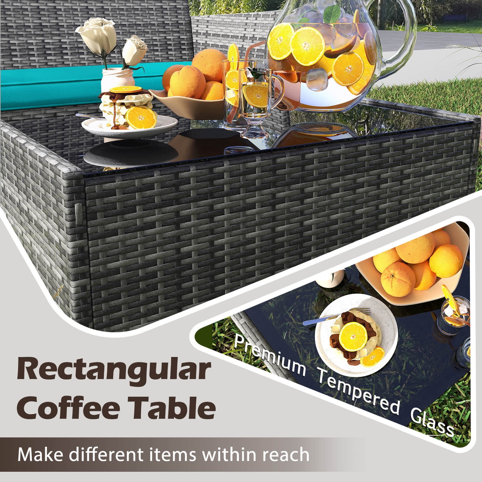 Costway 8 PCS Patio Furniture Set with Washable Cushions and Tempered Glass Coffee Table