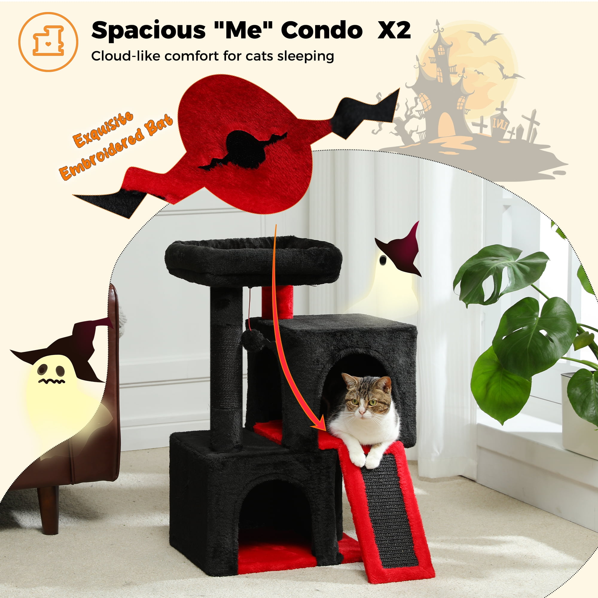 PAWZ Road 30" Cat Tree Condo with Sisal Scratching Post Tower Ramp for Indoor Cats,Black