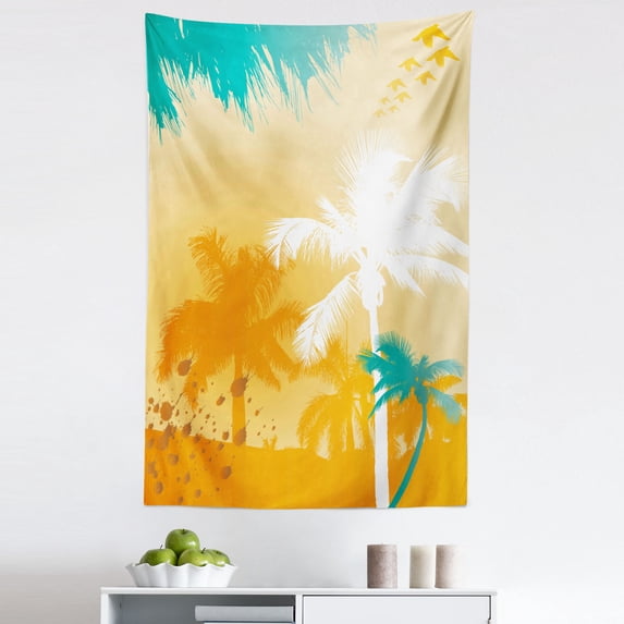 Tropic Tapestry, Grunge Style Vibrant Palms Silhouette Paradise with Funky Retro Graphic, Fabric Wall Hanging Decor for Bedroom Living Room Dorm, 5 Sizes, Marigold Teal White, by Ambesonne
