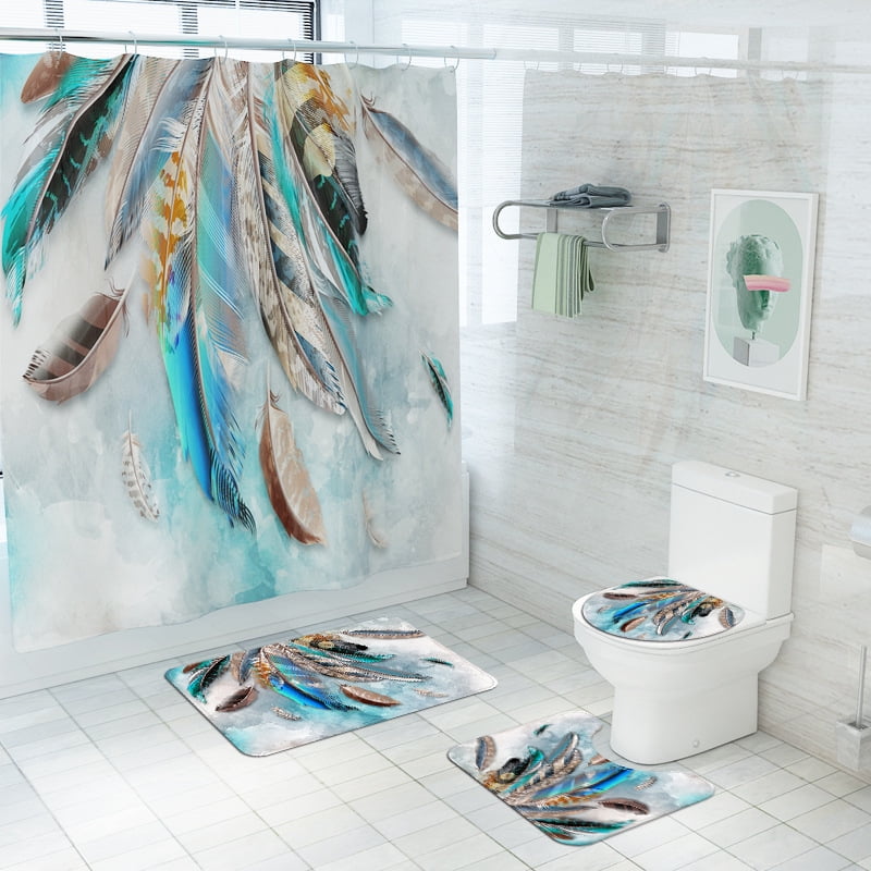 Modern Waterproof Shower Curtain Peacock Tail Print Decor+3PCS Toilet Mat 
