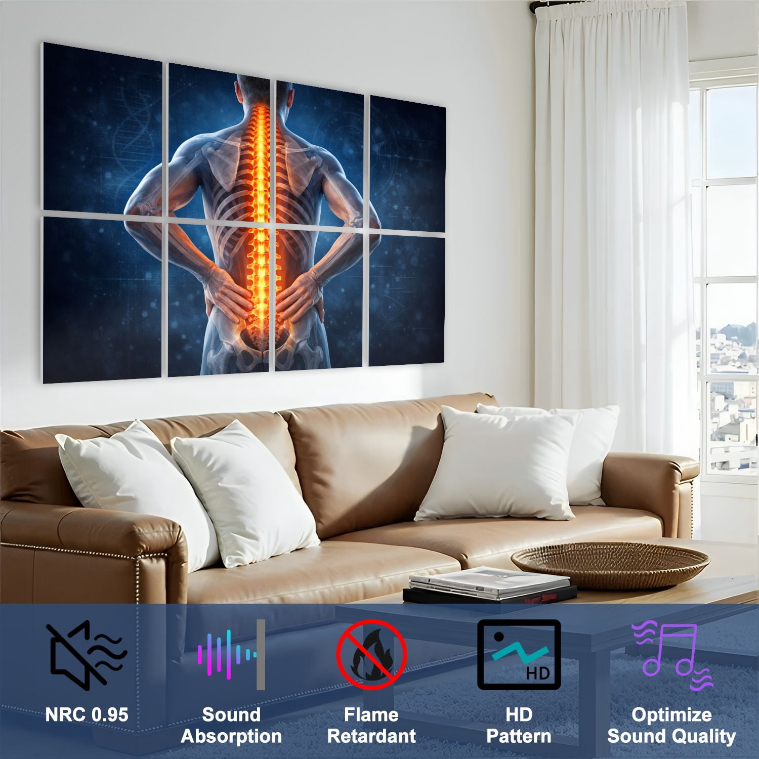 Medical 8 Pack Art Acoustic Panels Sound Absorbing Human Spine Anatomy Glowing Vertebrae Medical Decorative Soundproof Wall Panels Self Adhesive for Classroom Hospital 48"x32"