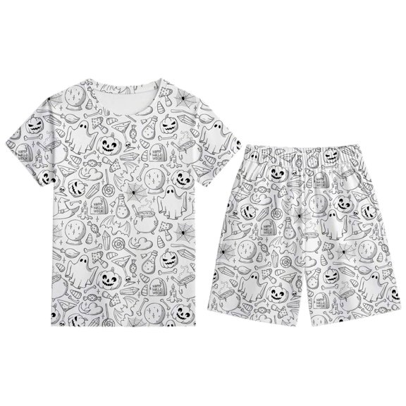 Tisuna Boys Halloween Diy Pajama Set Pumpkin Print Short Sleeve Round Neck Shorts Sleepwear Outfit Fashion Loose Homewear For Kids 2-12 Years White Size 3-4 Years
