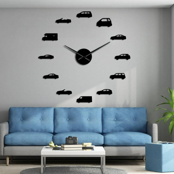 Cars Illustration Boys Room Transportation Wall Art Large DIY Wall Clocks Vintage Sports Car Automotive Home Decor Hanging Watch(Black,27inch)