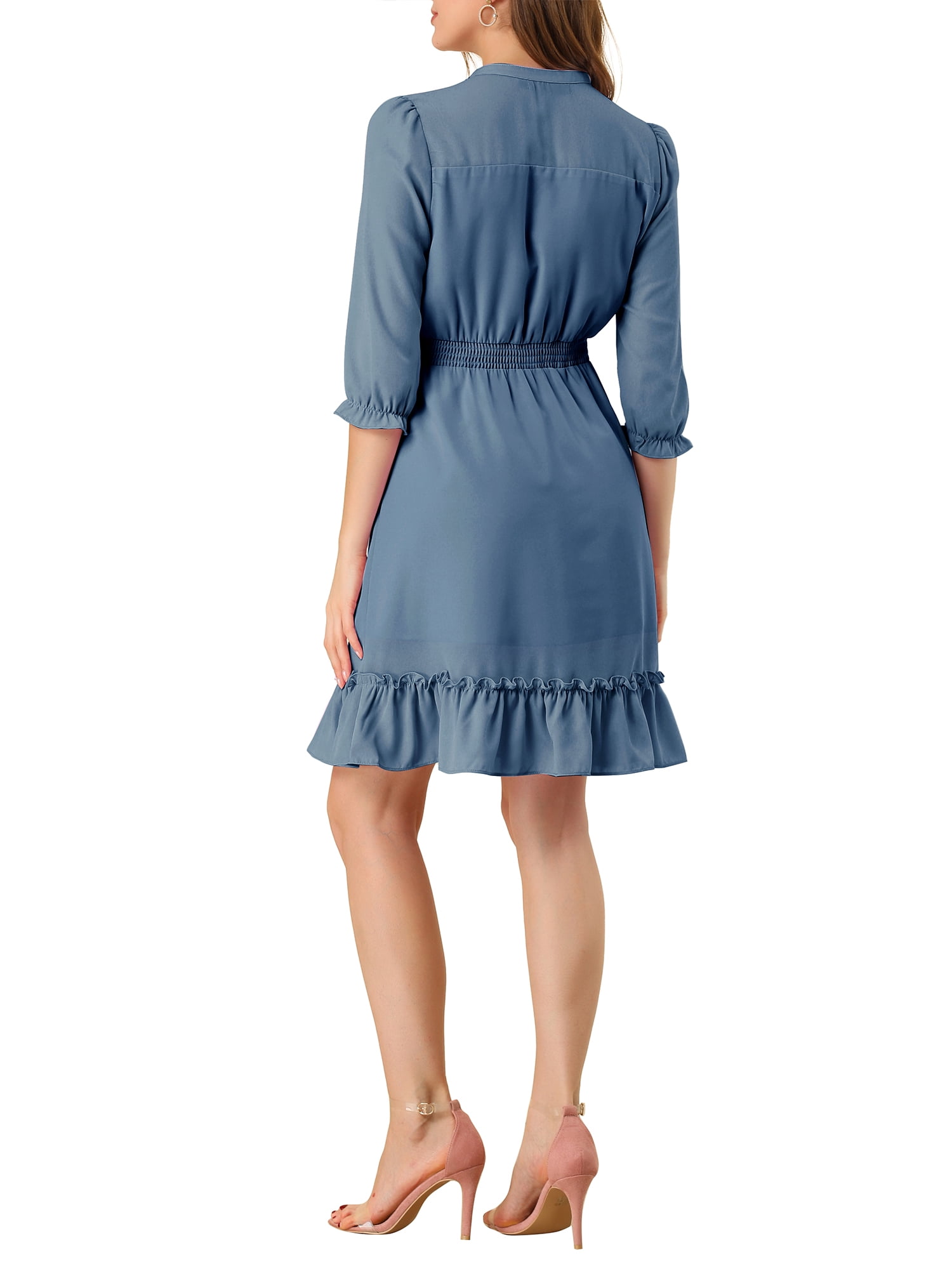 DARING DIVA Tie V Neck Chiffon 3/4 Sleeve Smocked Mini A-Line Dress M Blue Grey