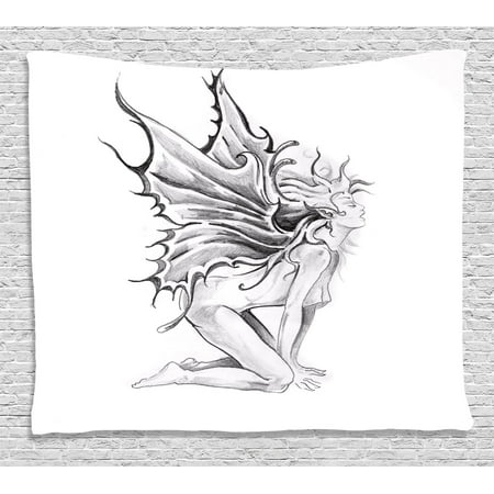 - Tattoo Decor Tapestry, Artistic Pencil Drawing Art Print Nude Fairy Opening its Angel Wings, Wall Hanging for Bedroom Living Room Dorm Decor, 60W X 40L Inches, Black and White, by Ambesonne