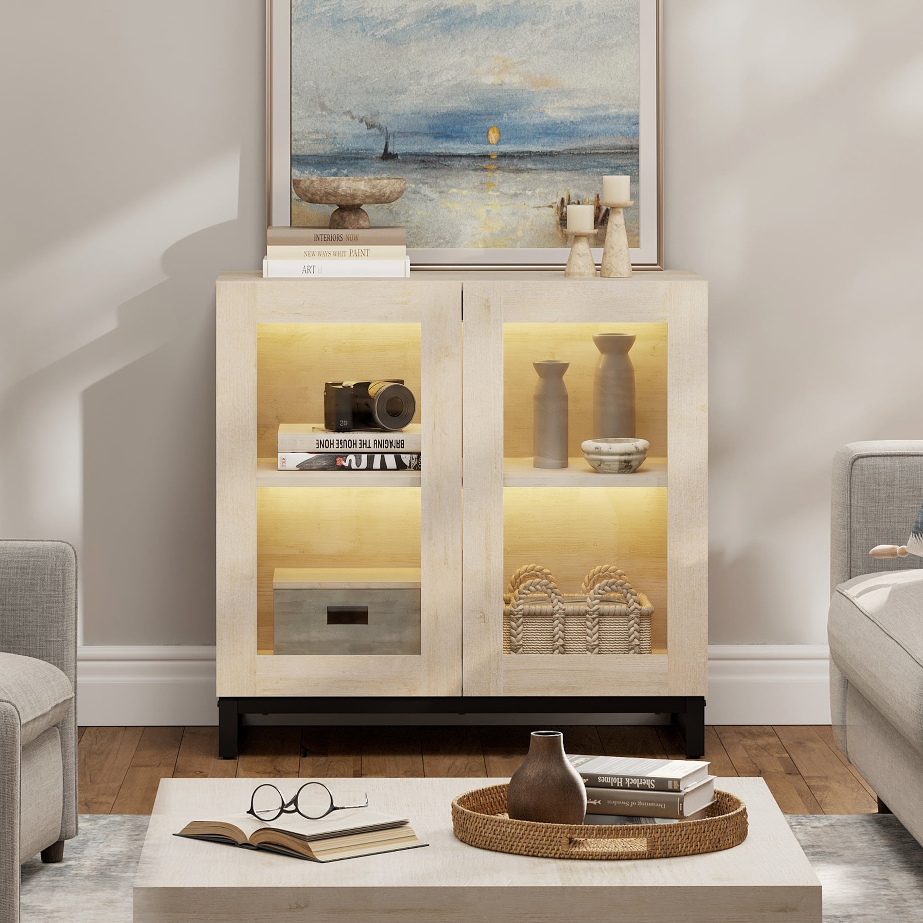 Modern TV Stand with Glass Doors, Entertainment Center TV Console with Adjustable Shelves, Media Storage Furniture for 32-40 Inch TVs, Suitable for Living Room,Beige